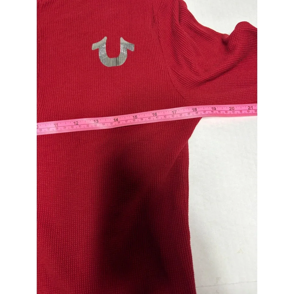 True Religion Mens Red Waffle Knit Henley Long Sleeve Horseshoe Logo Shirt L